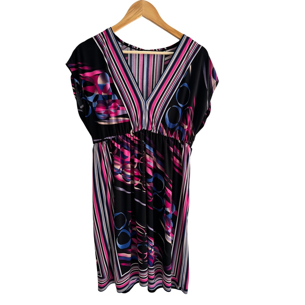 Vintage Y2K Bisou Bisou Abstract Geometric V-Neck Empire Waist Mini Dress